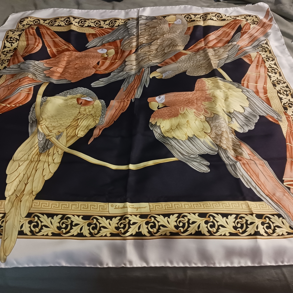 Salvatore Ferragamo Black and Gold Ornate Scarf